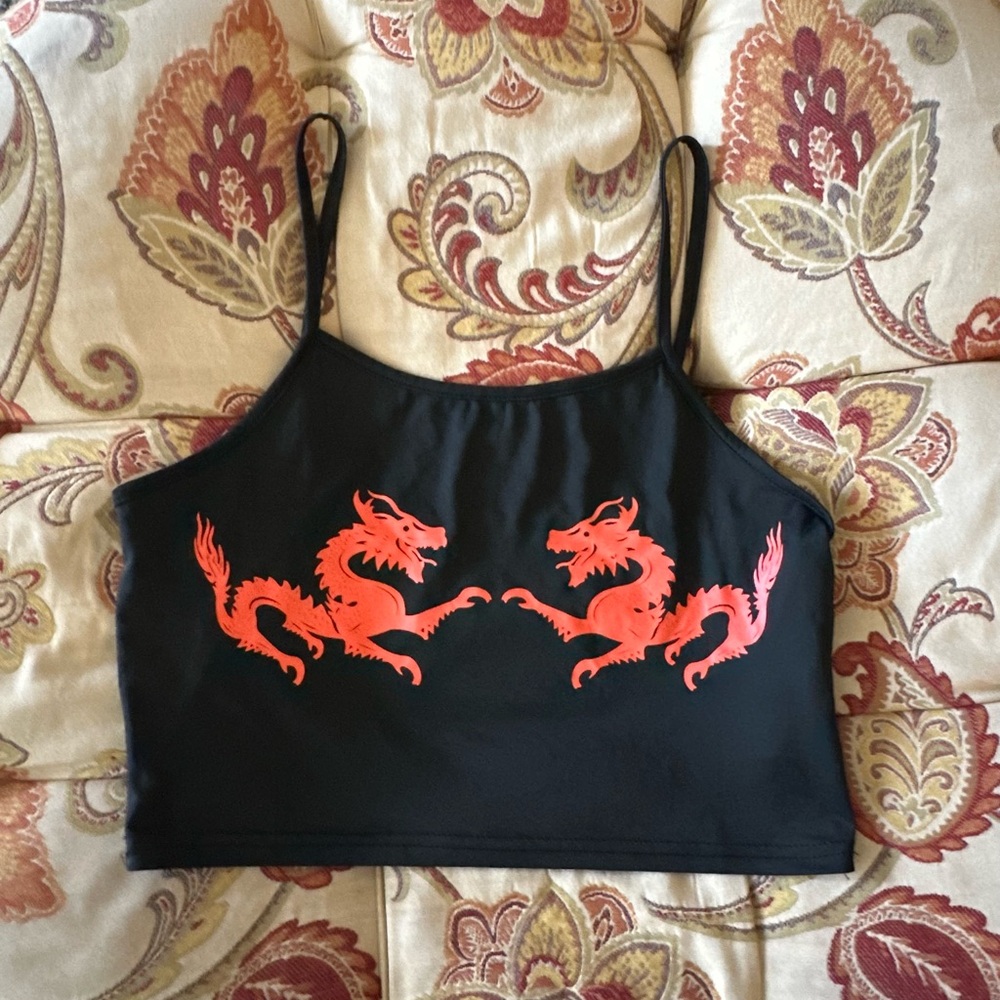 Black Crop Top with Red Dragon Design